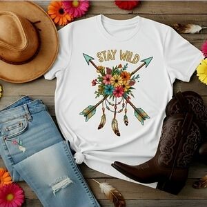 Stay Wild Boho Arrow Floral Graphic Tee Western Hippie Nature Shirt